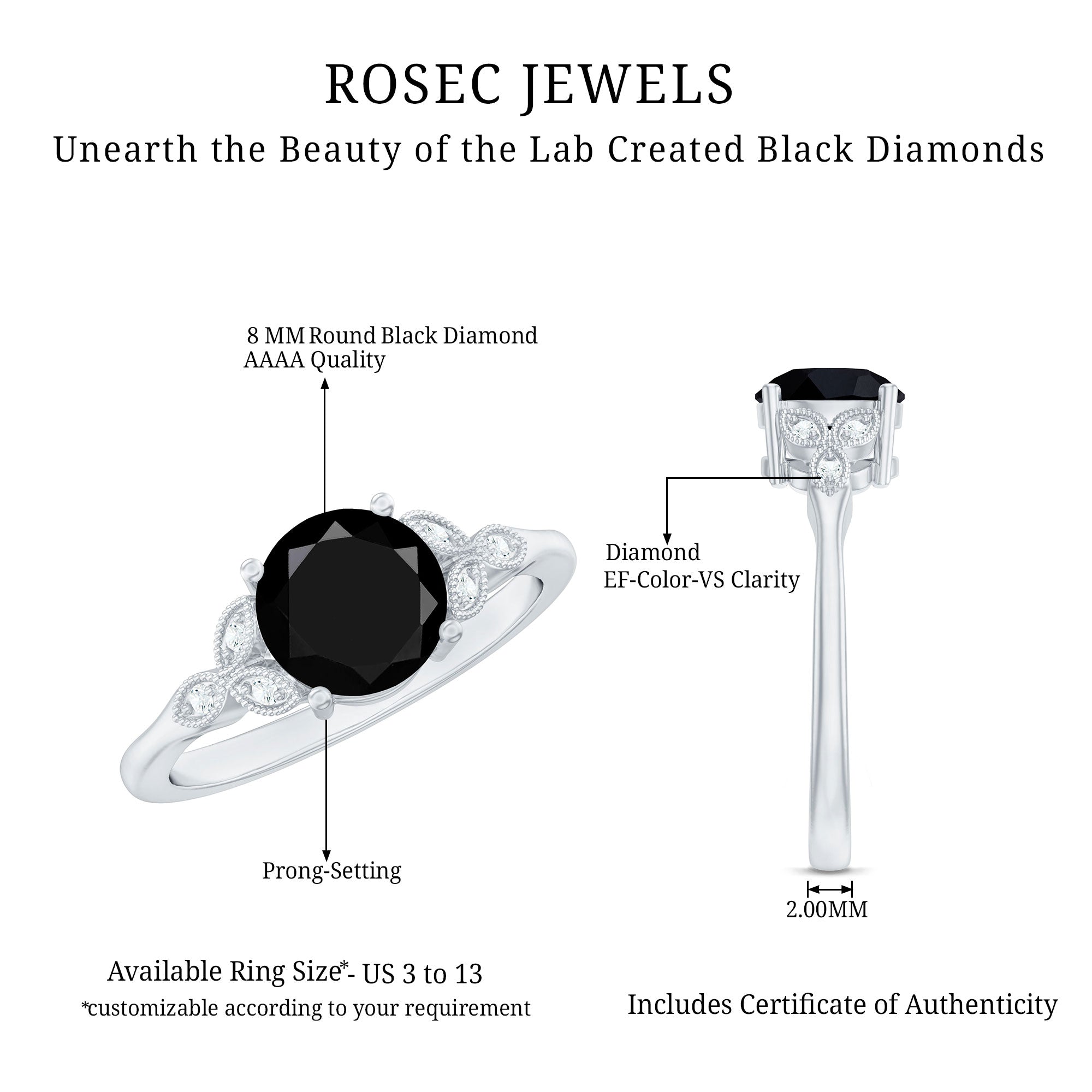 Certified 2 Carat Lab Grown Black Diamond Solitaire Engagement Ring with White Diamond
