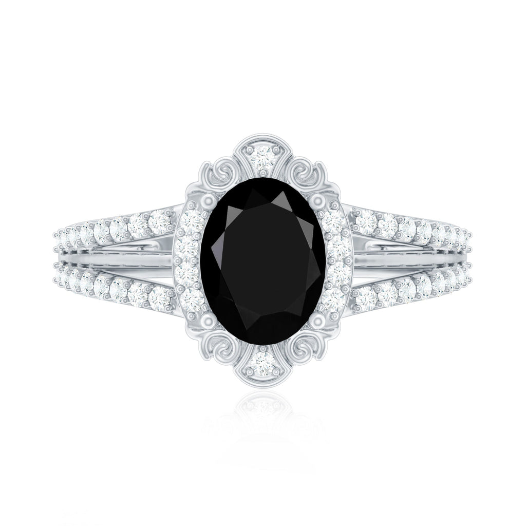 Vintage Style 1.9 Carat Lab Grown Black Diamond Oval Engagement Ring with Diamond Halo