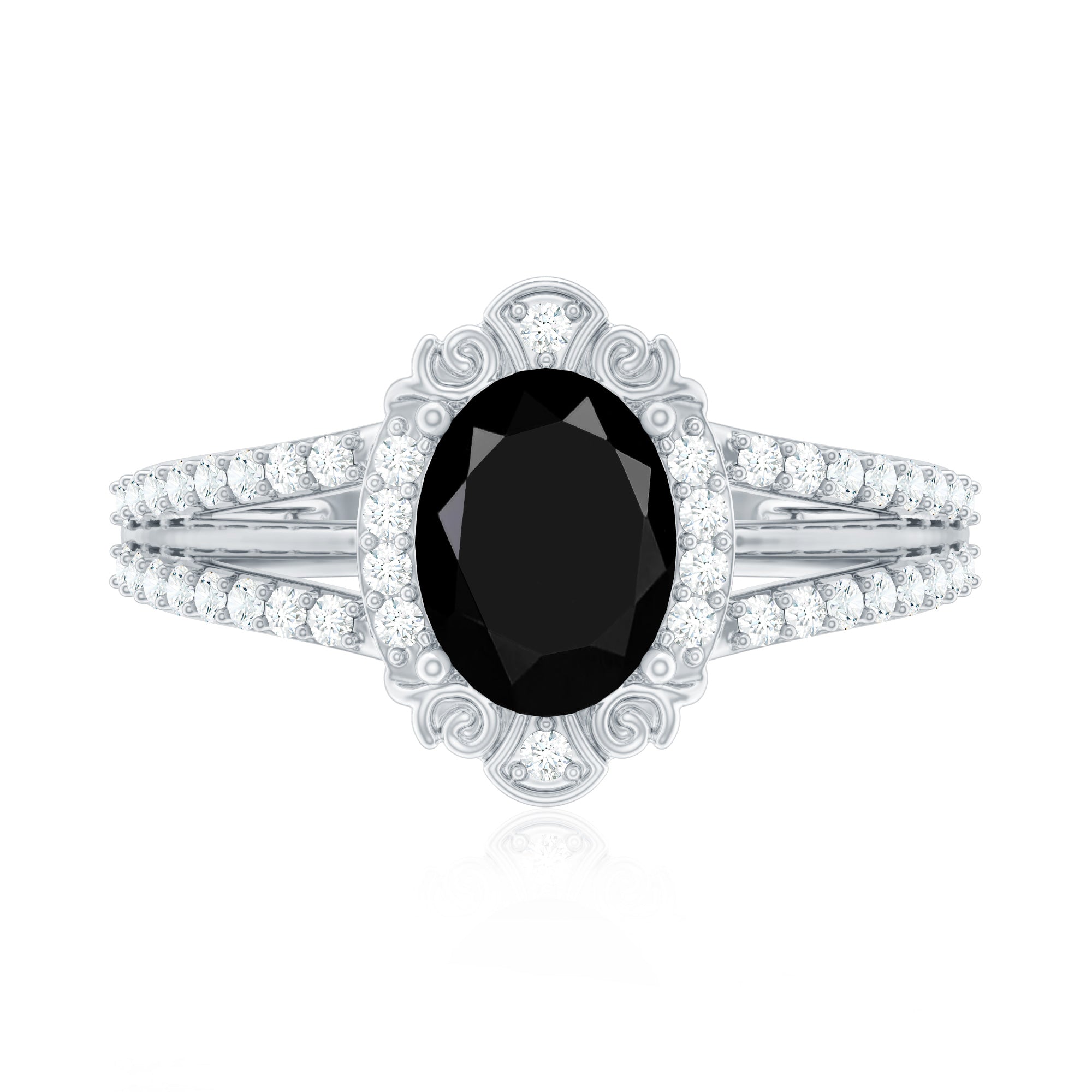 Vintage Style 1.9 Carat Lab Grown Black Diamond Oval Engagement Ring with Diamond Halo