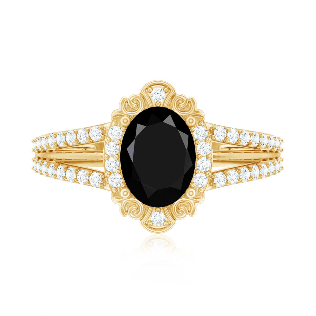 Vintage Style 1.9 Carat Lab Grown Black Diamond Oval Engagement Ring with Diamond Halo