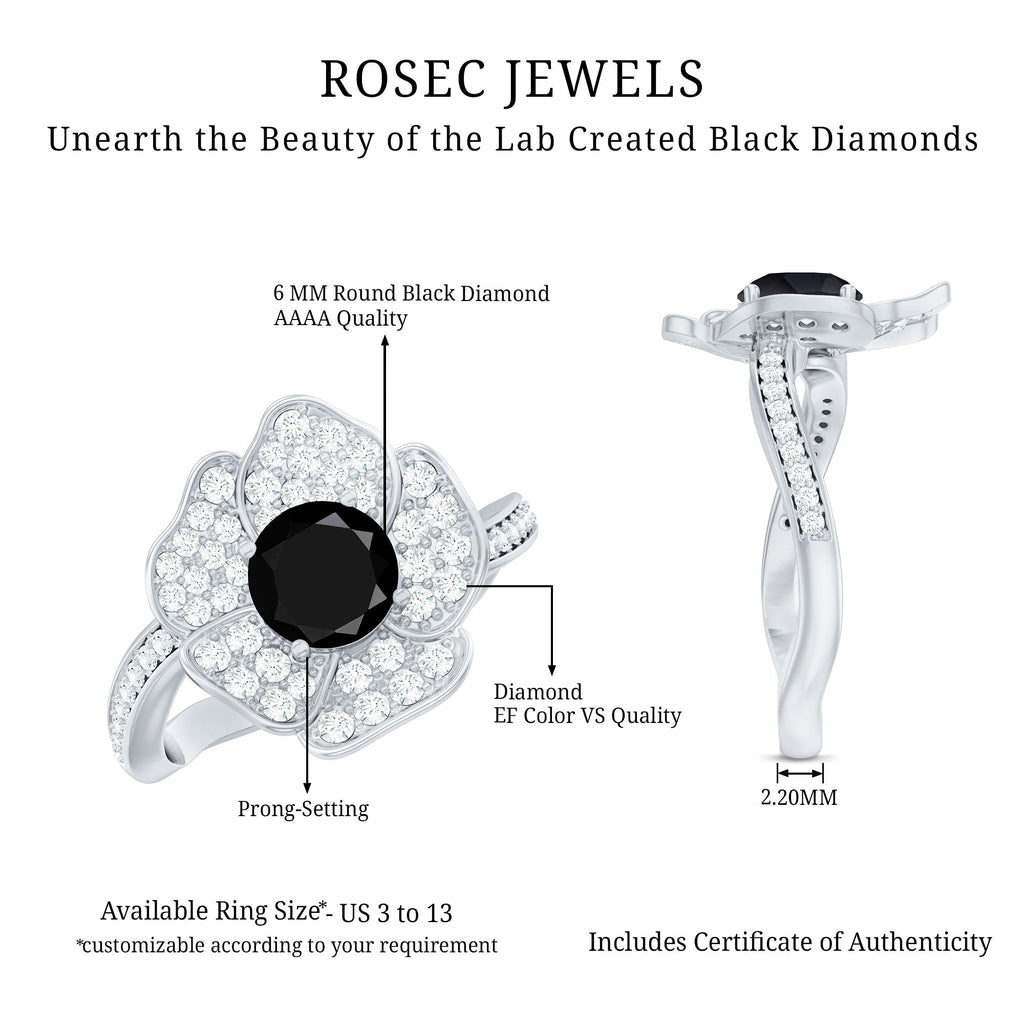 1.3 Carat Lab Grown Black Diamond Flower Engagement Ring with White Diamond