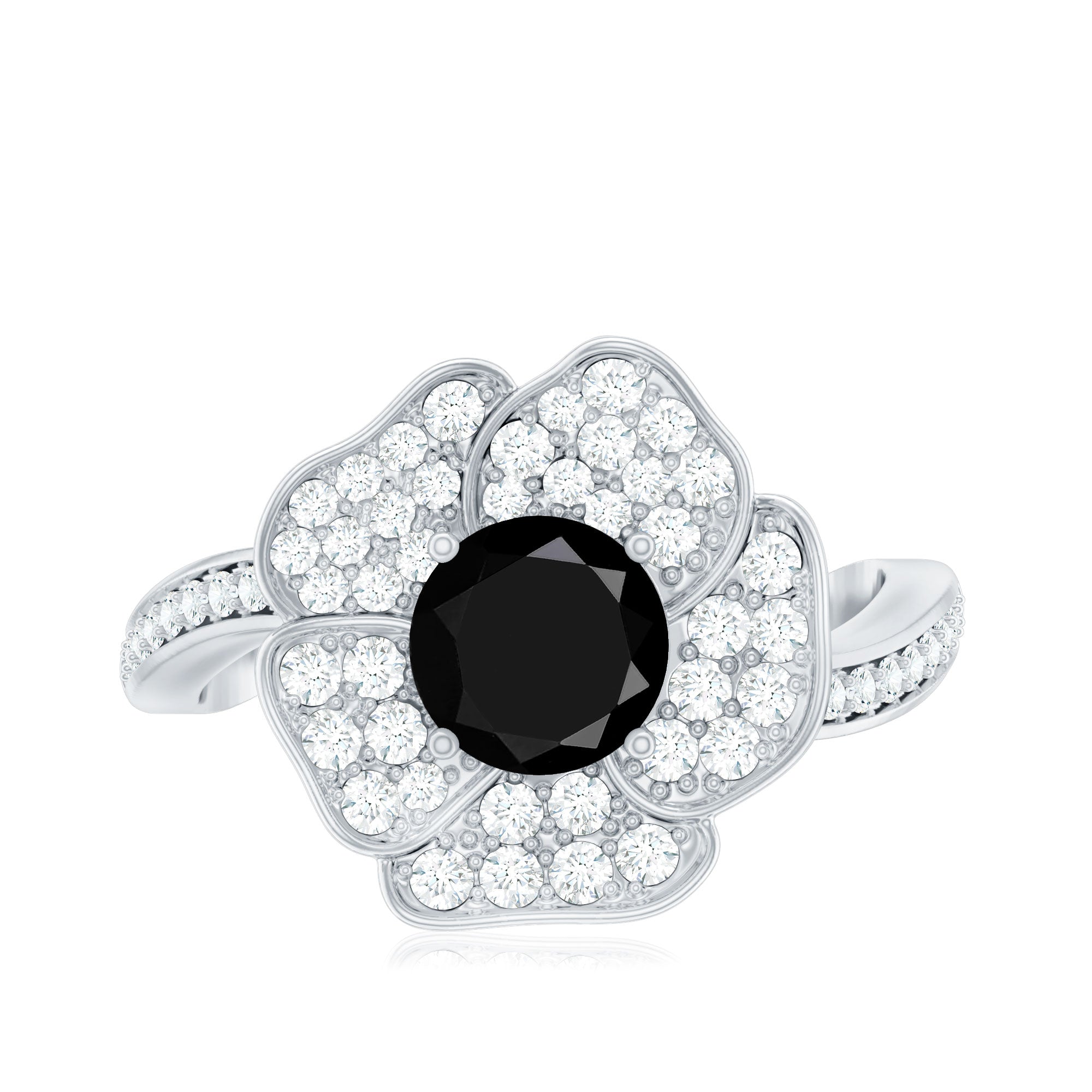 1.3 Carat Lab Grown Black Diamond Flower Engagement Ring with White Diamond
