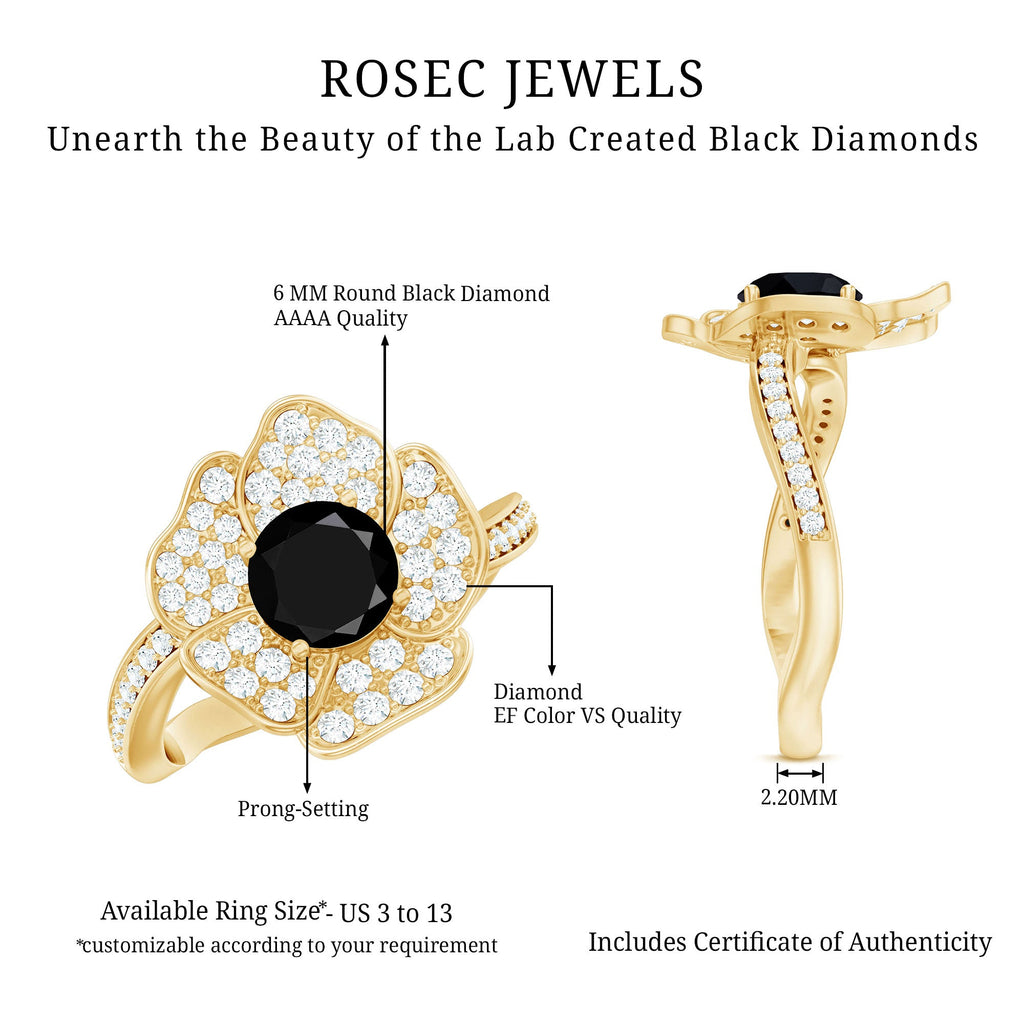 1.3 Carat Lab Grown Black Diamond Flower Engagement Ring with White Diamond