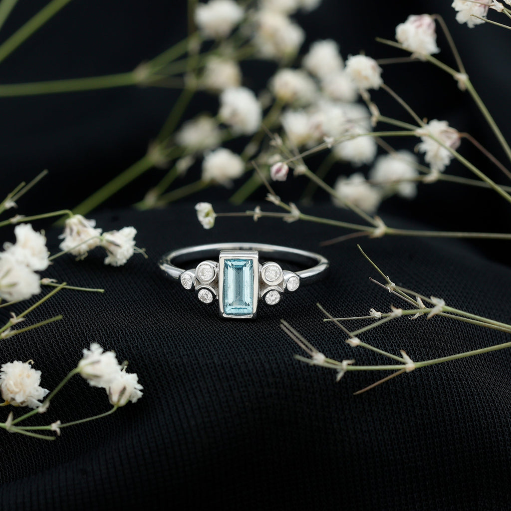 Sterling Silver Baguette Aquamarine Promise Ring with Moissanite Trio